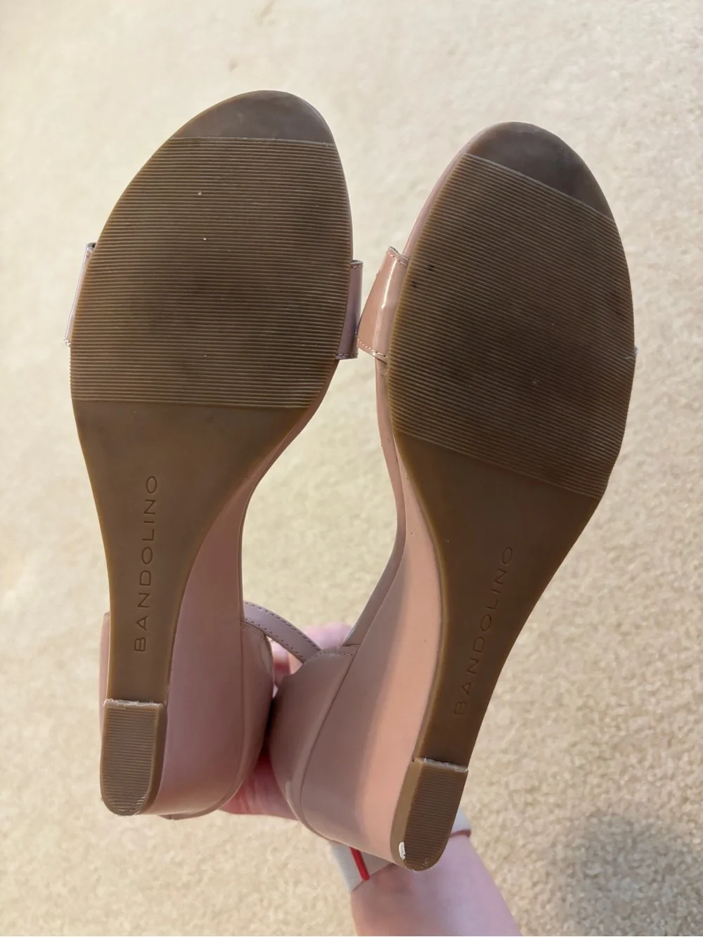 Bandolino Women's Pink Tan Scalloped Ankle Strap Wedge Sandals Size 9